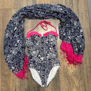 Lilly Pulitzer for Target One Piece Swimsuit Sarong Set Navy White Pink Fish Sm